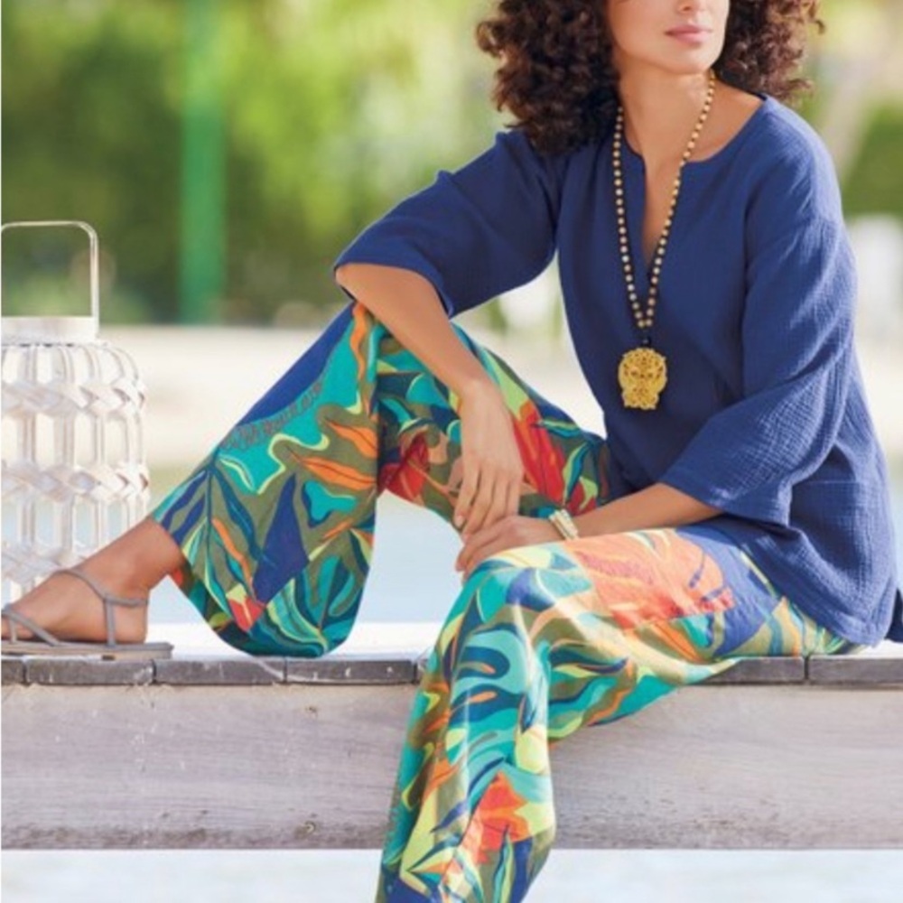 Soft Surroundings Linen Tropical Wide-Leg Print Pants - Blue & Green size L